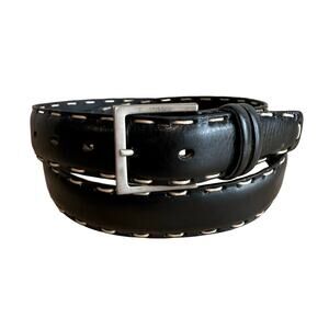 Max Boy Black Leather Contrast Stitch Belt Made in Italy Silver XL